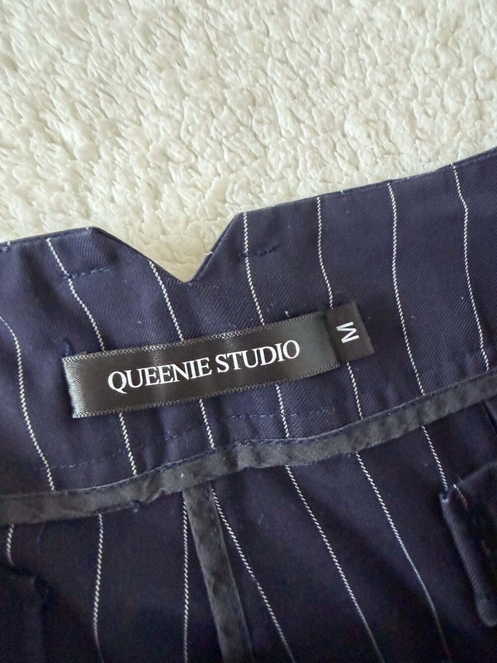 QUEENIE STUDIO Navy Blue Pinstripe Pleated High-Waist Trousers - Picture 3 of 3
